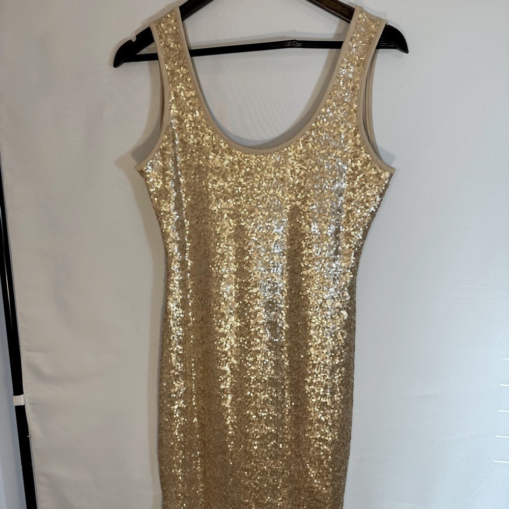 Daily Special Womens Size L Body Con Sequins Stretch Sleeveless Mini Dress Tan